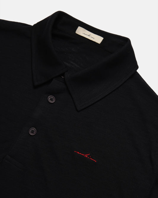 Red Embroidered Black Merino Long Sleeve Golf Shirt