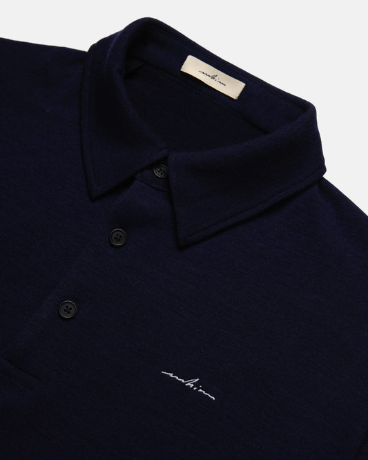 White Embroidered Navy Merino Long Sleeve Golf Shirt