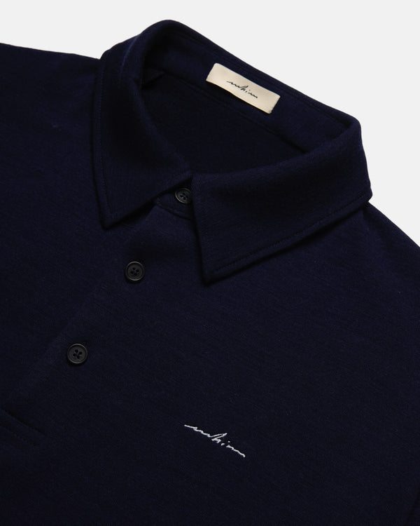 White Embroidered Navy Merino Long Sleeve Golf Shirt