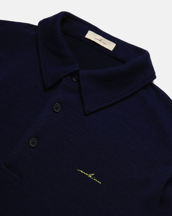 Chartreuse Embroidered Navy Merino Long Sleeve Golf Shirt