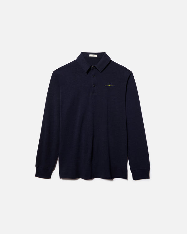 Chartreuse Embroidered Navy Merino Long Sleeve Golf Shirt