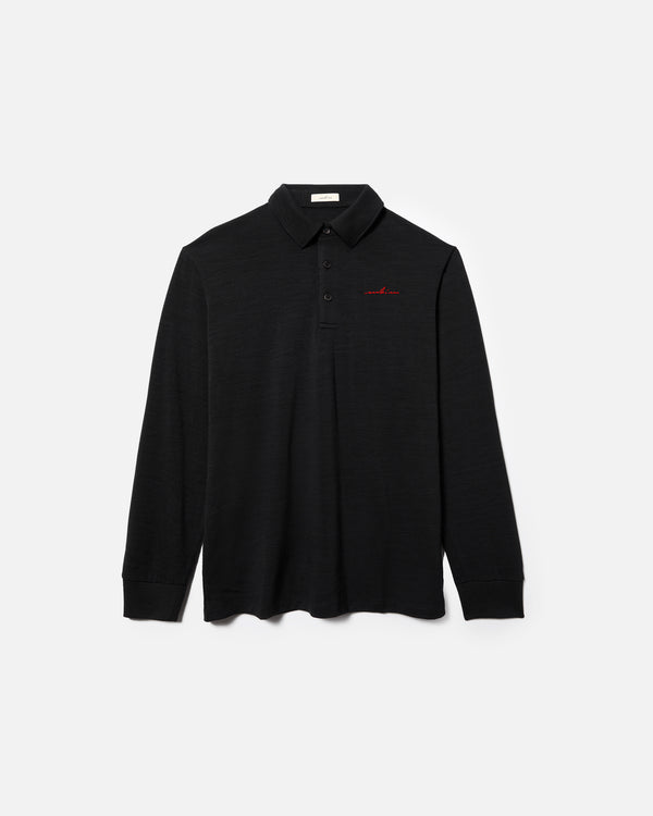 Red Embroidered Black Merino Long Sleeve Golf Shirt