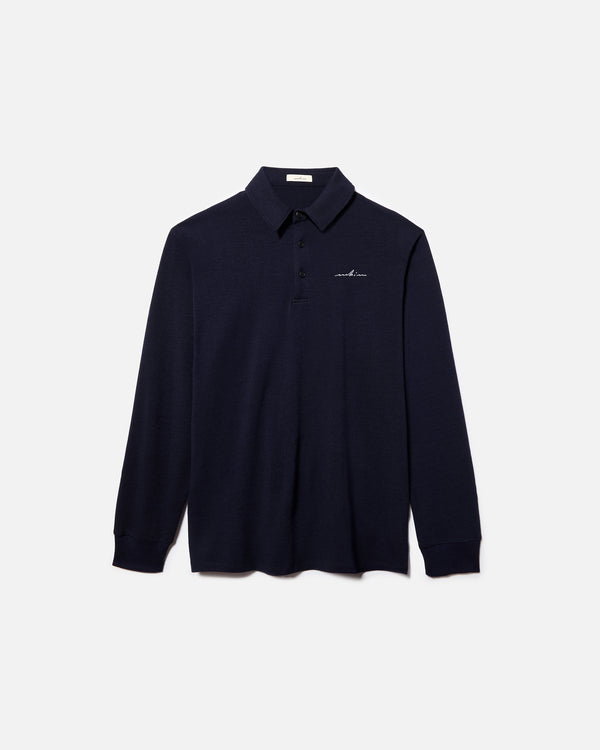 White Embroidered Navy Merino Long Sleeve Golf Shirt